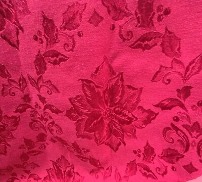 Christmas Holiday Tablecloth Holly Poinsettias Red Damask 56x96" Oval Oblong - Image 1 of 4