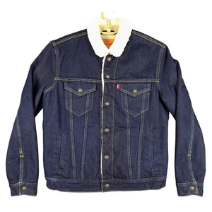 Levi's Denim Trucker Jacket Sherpa Lined Collar Button Up Dark Wash M - Picture 1 of 6