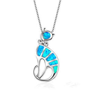 Women's Pretty Cat Blue Simulated Opal Silver Pendant Chain Necklace Jewelry