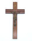 Vintage Inlay Wood Cross Brass Jesus Christ Figure INRI 10" tall
