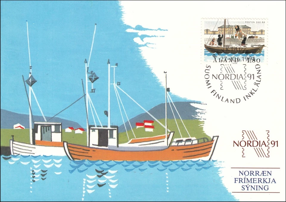 Barcos de pesca barcos en Port Aland Finlandia como nuevo maxi tarjeta sello foro Nordia 1991 Foto 1 de 1