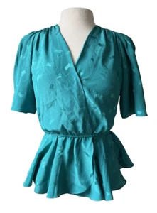 Vintage Leslie Fay Turquoise Geometric Print Peplum Top Size 8 *Missing Belt - Picture 1 of 12