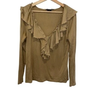 Ralph Lauren Sport Brown Pima Cotton Blend Ruffle Neck Blouse Women’s Size L - Picture 1 of 5