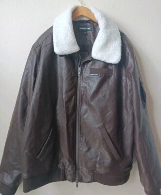 Members Only Brown Faux Leather Jacket Sherpa Removable Collar Size Mens XXL  - Image 1 of 4