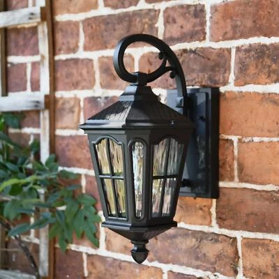 Black Traditional "Fishhook" Vintage Outdoor Lantern Top Fix Wall Light IP44 - Image 1 of 4