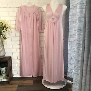 Vintage Lorraine Gown & Robe Set Pink Lace Embroidery Trim Nylon Size Small - Picture 1 of 13