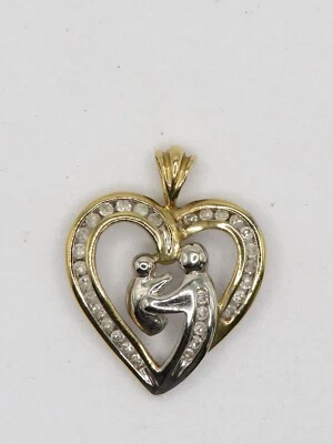 LADIES 10k YELLOW & WHITE GOLD HEART-SHAPED PENDANT w 30 SINGLE CUT DIAMONDS * - Image 1 of 4
