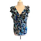 New Directions Blue Multicolor Cap Sleeves Ruffle Neckline Top 2x