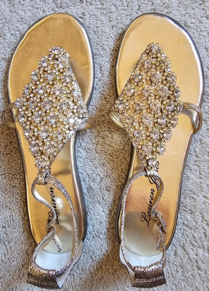 Lauren Jones Fiona-LJ Gold Crinckle 金属色女士凉鞋- 8.5M 码-全新 — 第 1/4 张图片