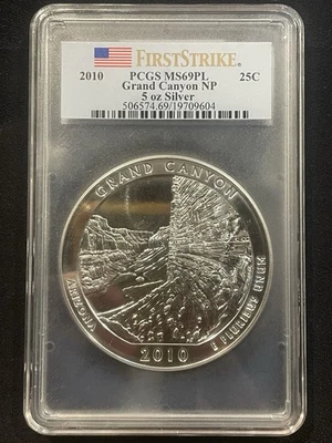 2010 GRAND CANYON NP 5 OZ SILVER PCGS MS69 FIRST STRIKE - Image 1 of 2