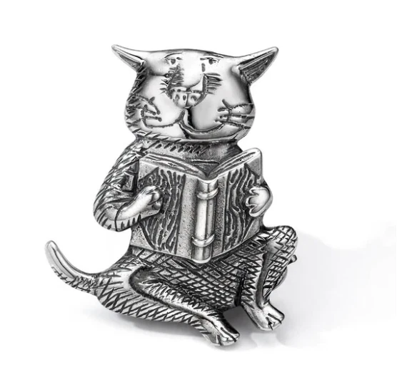 Laurel Elliott Cat Reading a Book Edward Gorey sterling silver pin NEW IN BAG! - Image 1 of 4