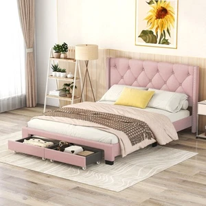 Queen Storage Bed Linen Upholstered Platform Bed with Two Drawers - Pink 49AAH - Picture 1 of 8