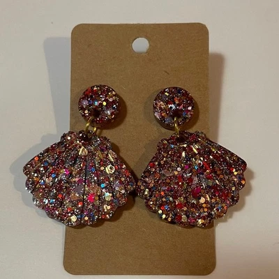 Handmade epoxy resin seashell earrings - chunky multi color glitter - Image 1 of 4
