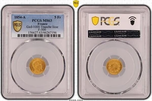 FRANKREICH Napoleon III - 5 Francs Gold glatte Scheibe 1854 A - PCGS MS 63 - Bild 1 von 1