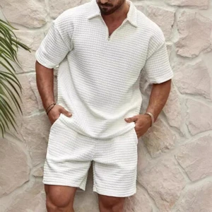 New Men's Fashionable and Comfortable Waffle Solid Color Polo Sport Set - Picture 1 of 26