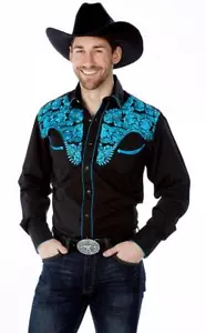 WESTERN COWBOY Herren schwarz tooled langärmelig blau Stickerei KLEID FREIZEIT SHIRT - Bild 1 von 2