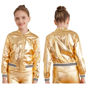 Kids Girls Baseball Jacket Shiny Metallic Long Sleeve Bomber Coat Outerwear - Picture 1 of 104
