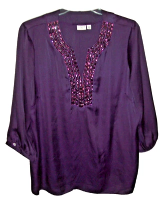 Cato V Neck 3/4 Sleeve LIGHTWEIGHT Purple Satin Top BEAD Embellished Plus 22/24W - Image 1 of 4