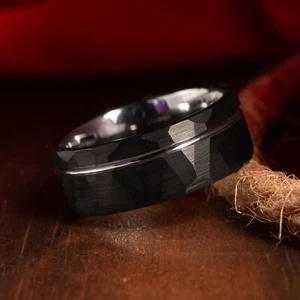 Black Mens Wedding Band Tungsten 8mm Hammered Ring Men's Silver Strip Ring - Picture 1 of 9