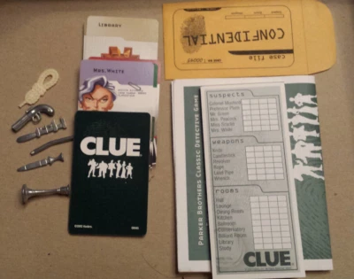 Cards, Miniatures, Weapons, Pad, Envelope from 2002 CLUE game - Image 1 of 2