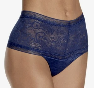 MAIDENFORM Smooth It Out Hi Waist Lace Navy Blue Thong Panty Womens Sz S 5 M 6 - Picture 1 of 11