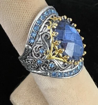 Anillo Londres Topacio Azul Circonita cúbica Ornamentado Tono Plata Acento Oro Talla 6.75 Foto 1 de 4