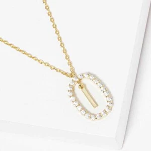 Initial Necklace Rhinestone Oval Metal Letter I Monogram GOLD DIPPED Personalize - Picture 1 of 2