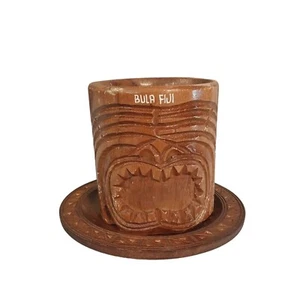 Vintage Handgeschnitzt Holz Holz Tiki Gesicht Kaffeebecher Tasse mit Untersetzer Bula Figi - Bild 1 von 9