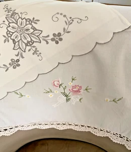TWO VINTAGE IVORY POLYESTER CHAIR BACK COVERS ~ROSE  EMBROIDERY~22" x 15" - Picture 1 of 3