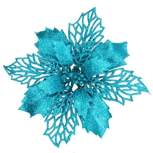 24 piezas Navidad azul verdoso malla brillante hoja de acebo artificial flor de pascua fl... - Imagen 1 de 8