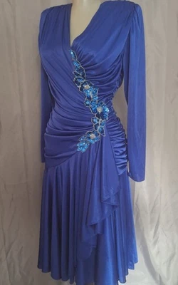 Vtg.  Abby Kent 80s Dress Blue Rouched Flower Sequins Draped shoulders S 5/6 - Image 1 of 4