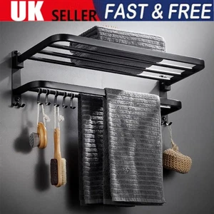 Double black Towel Rail Holder Wall Mounted Bathroom Rack Shelf Stainless Steel - Picture 1 of 13