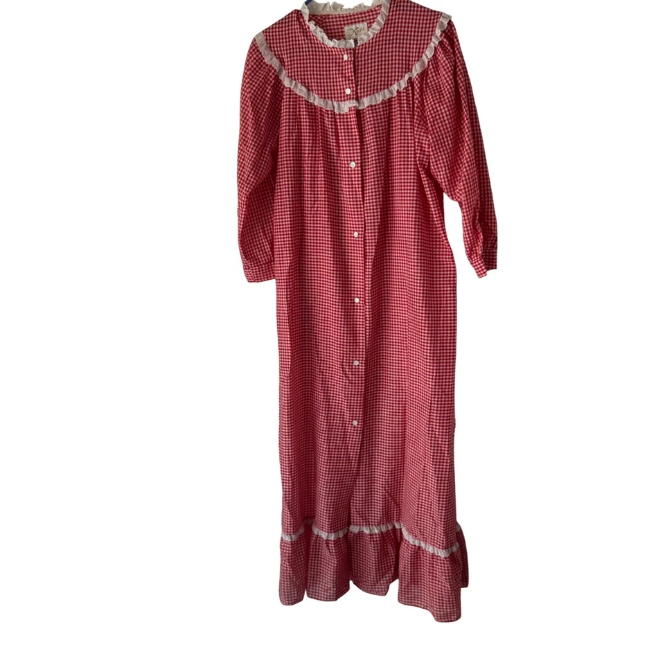 Camisón vintage Katz rojo guinga con volantes ribete de encaje manga larga cabaña prarie Foto 1 de 4