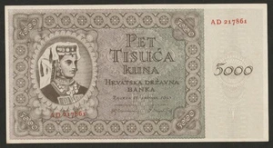 1943 CROATIA 5,000 KUNA NOTE UNC - Picture 1 of 2