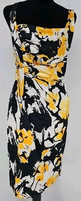 Vestido de cóctel vintage David Meister satinado 6 amarillo negro blanco Y2K Foto 1 de 4