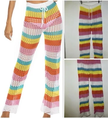 JUNIORS High Waist Hollow Out  Crochet Net  Beach Pants Rainbow Cover Up Size XL - Image 1 of 4