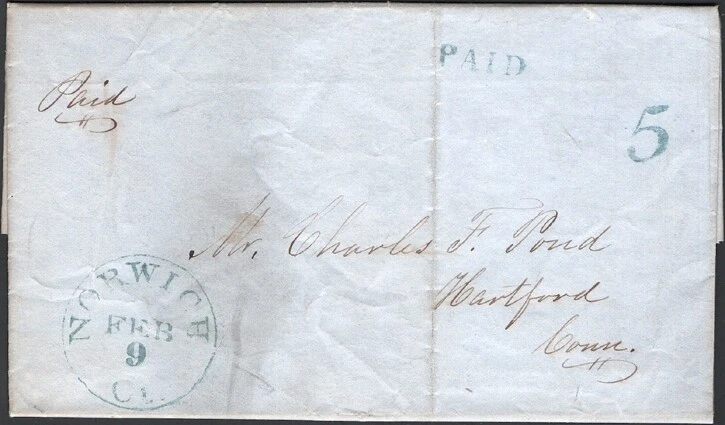 U.S., 1849. SFL Cover, Norwich - Hartford, CT - Image 1 of 1