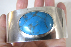 950 Sterling Silver Blue Stone Cuff Bracelet Southwest Wide Band 54 Grams