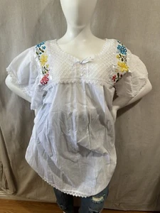 cotton Mexican embroidered top shirt tunic flowers short sleeve 70s boho 3xl - Picture 1 of 8