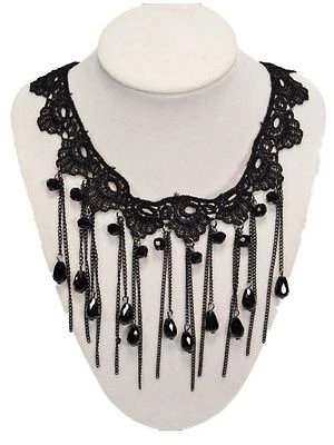 Gargantilla de tela de encaje negro collar gótico para mujer y niña con cuentas y borla Foto 1 de 4