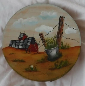 9" ROUND WOODEN PANTRY BOX Hand Painted Wood Farm Scene Barn Pail Fence Trinket - Picture 1 of 6