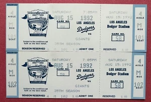 1992 Dodgers ⚾️ 35th Season (2) Unused Tickets vs. Giants Aug. 15, 1992 EX-NM - Picture 1 of 2