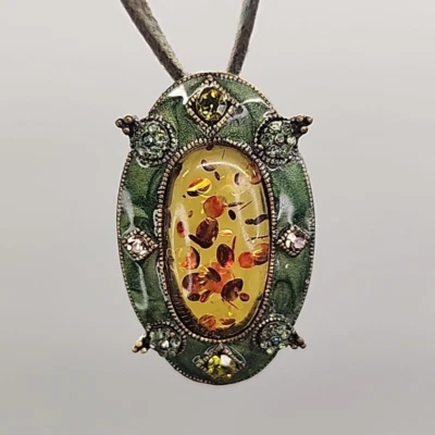 Amber Pendant Necklace Oval Green Leather Cord Enamel Rhinestones 18" - Image 1 of 4