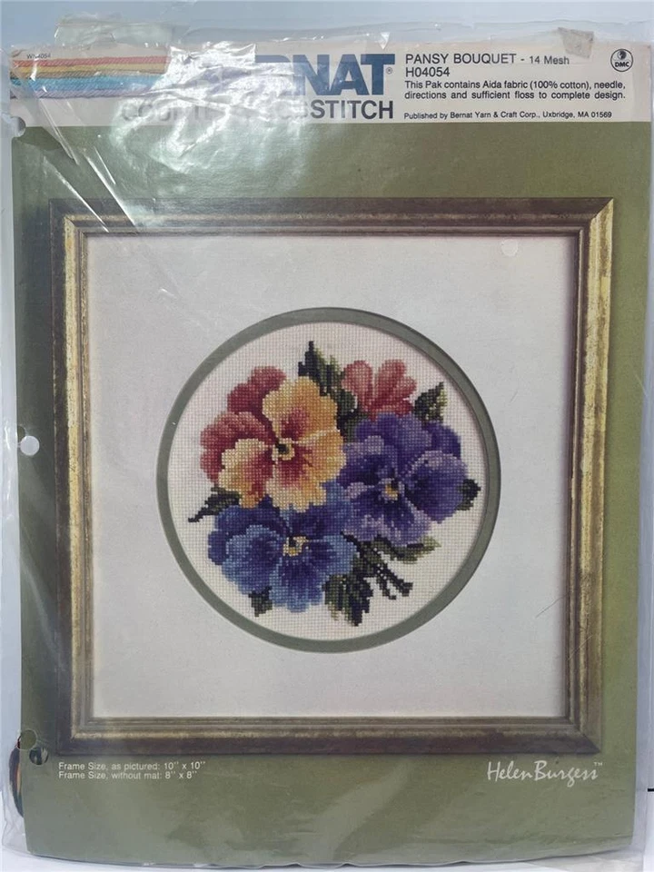 VINTAGE BERNAT CHART From Kit - PANSY BOUQUET - 10" x 10" with floss. - Image 1 of 2