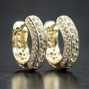 Fully Iced Yellow Gold Men's 5A Cz 14K Sterling Silver Small Mens Hoop Earrings - Picture 1 of 4