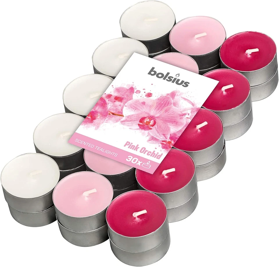Bolsius 30 Tealights /-4h 3 Colori Fragranza Orchidea (N8m)