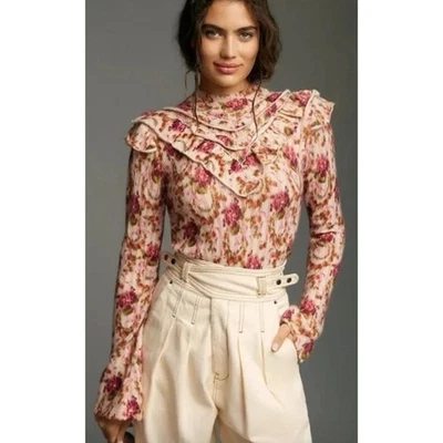 Suéter corto Anthropologie Victoria 100 % cachemir con volantes floral talla mediana Foto 1 de 4