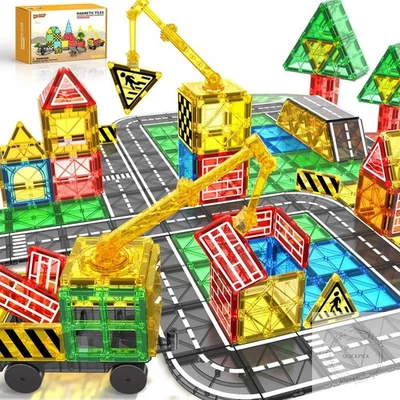 Azulejos magnéticos bloques de construcción de carreteras imán grúa coche conjunto para niños edades 3-5 4-8 Foto 1 de 4