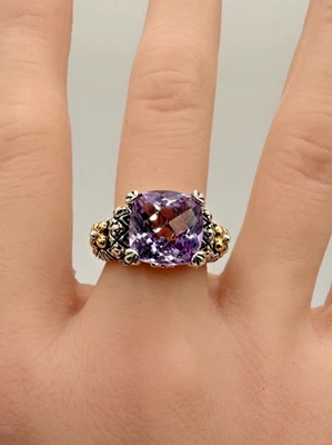 Anillo firmado Bixby piedras preciosas amatista púrpura plata de ley y oro de 18 quilates talla 6,75 Foto 1 de 4