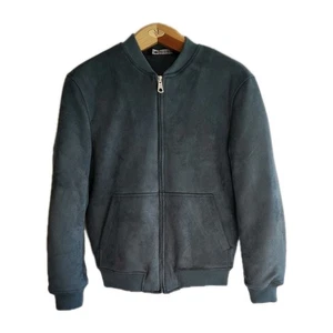 ZARA Women's Jacket Small Blue/Gray Suede Bomber Moto Quilted NWOT Oversized - Picture 1 of 11